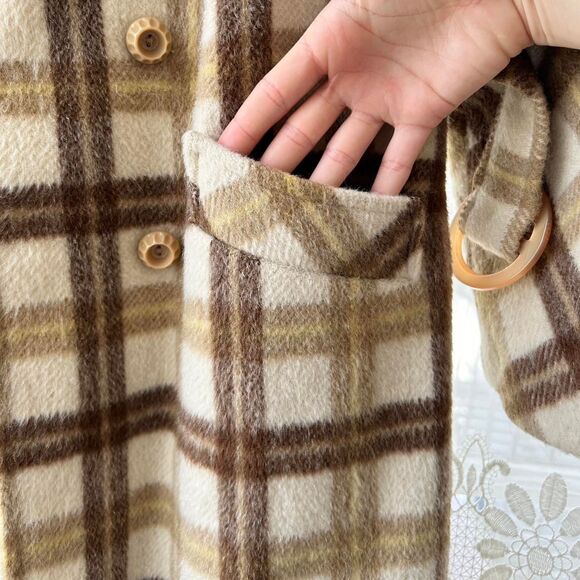 70s Vintage Wool Plaid Belted Winter Coat Small Womens Cream / Tan / Brown - Picture 3 of 8